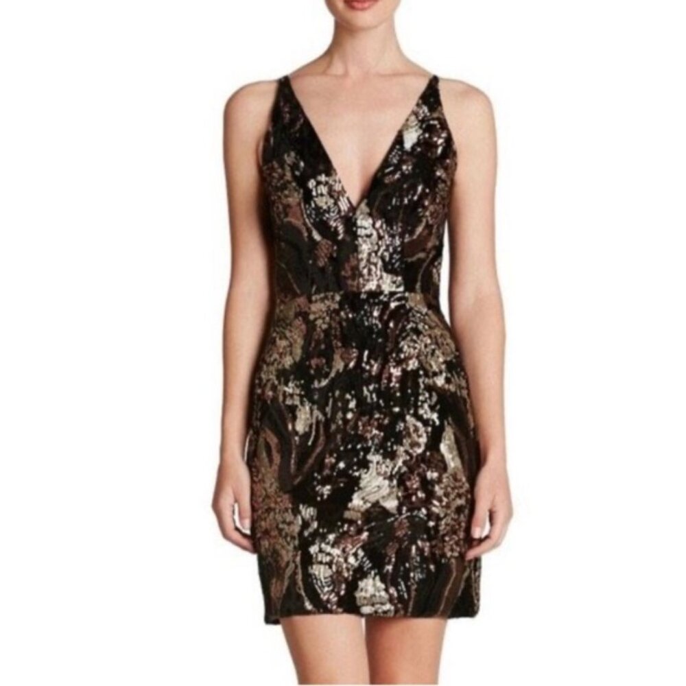 Dress The Population V-neck  Black Bronze Sequins Animal print dress Sz. XL